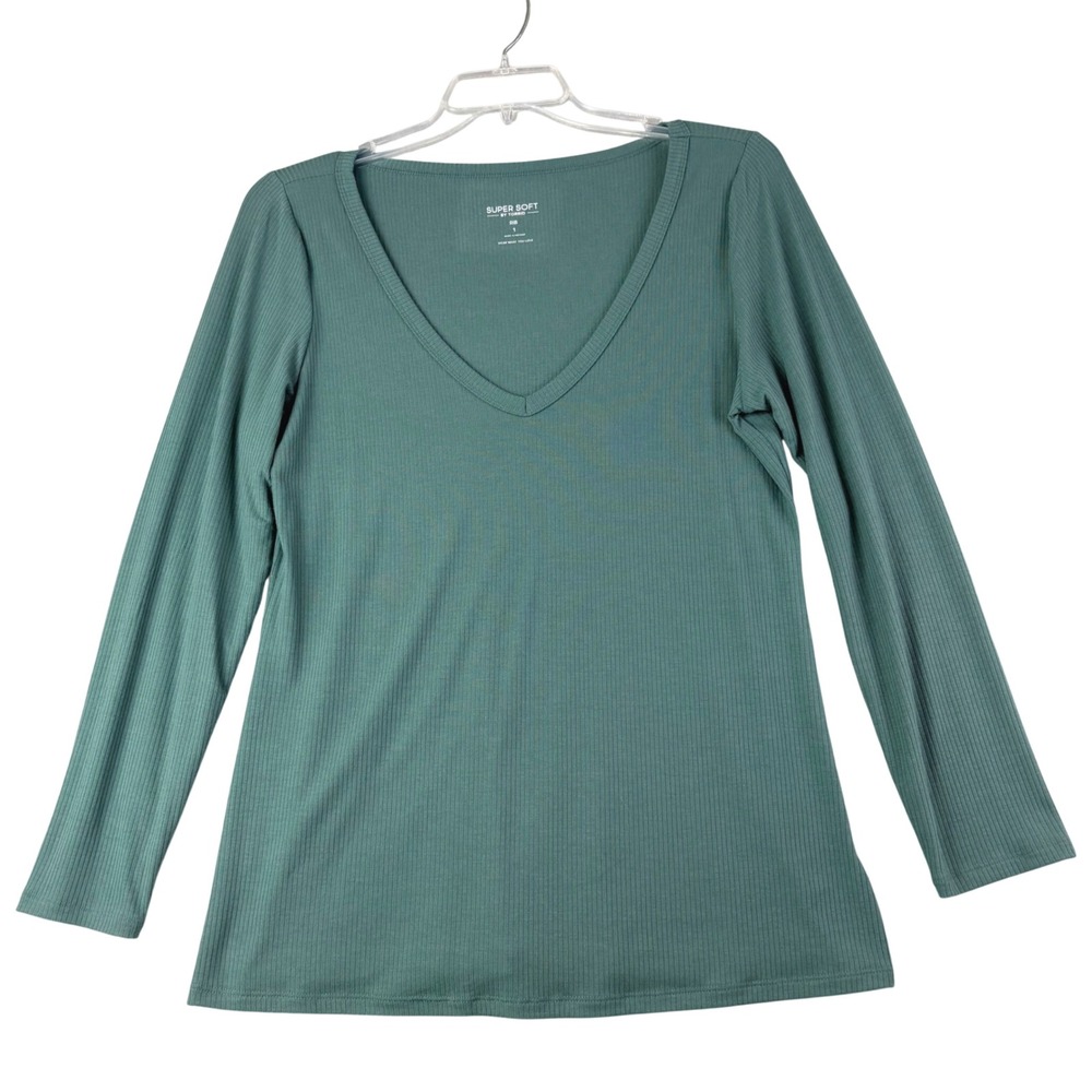 Torrid 1 US 1X Green Super Soft Ribbed V-Neck Long Sleeve Top Casual Basic